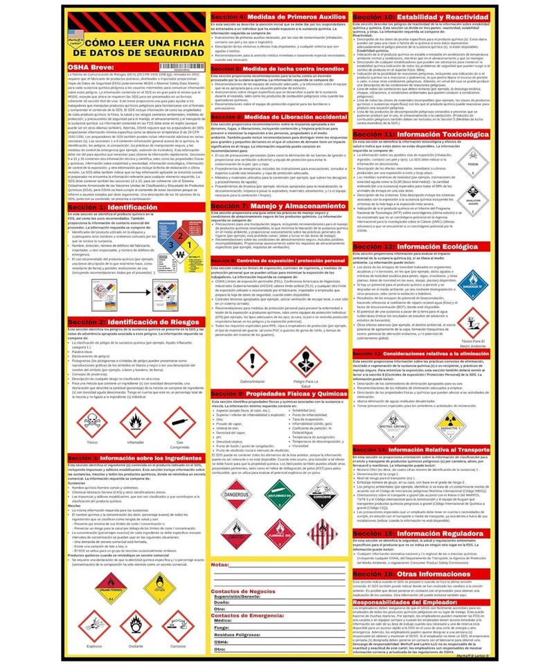 Merhoff & Larkin How to Read A Safety Data Sheet (SDS/MSDS) Poster | English & Spanish 2026 | 36 x 24 Inch | UV Coated Paper Sign | OSHA, HMIS, Hazard Compliance Center | Display Instructions Chemical Labels (Spanish) - Image 1